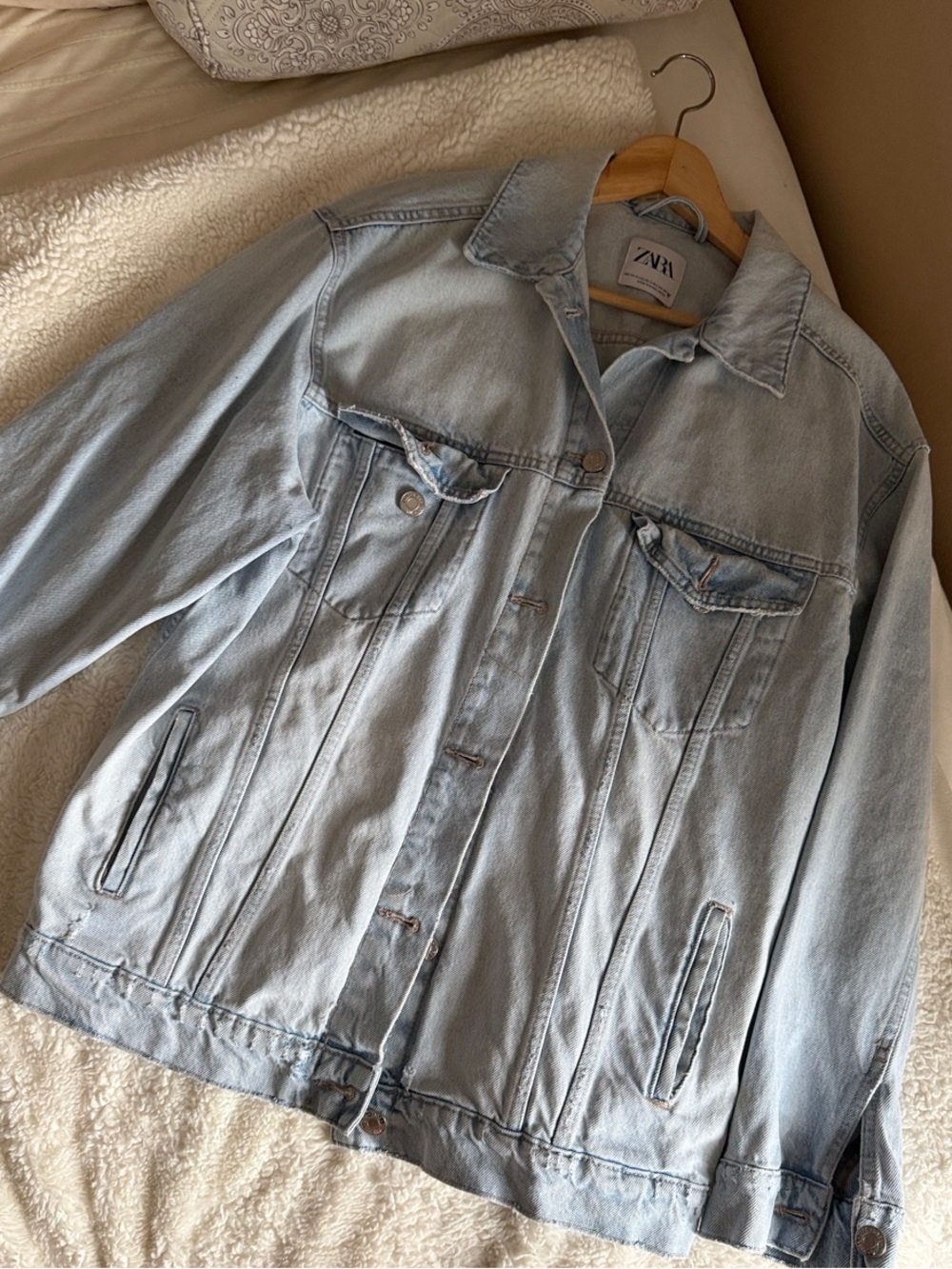 ZARA Oversized Light Wash Blue Denim Jacket with Chest Pockets